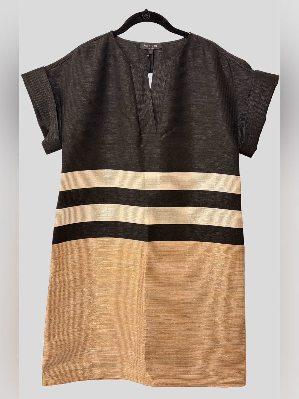 Lafayette 148 New York Black & Tan Striped Shift Cotton Blend Dress Size S Small